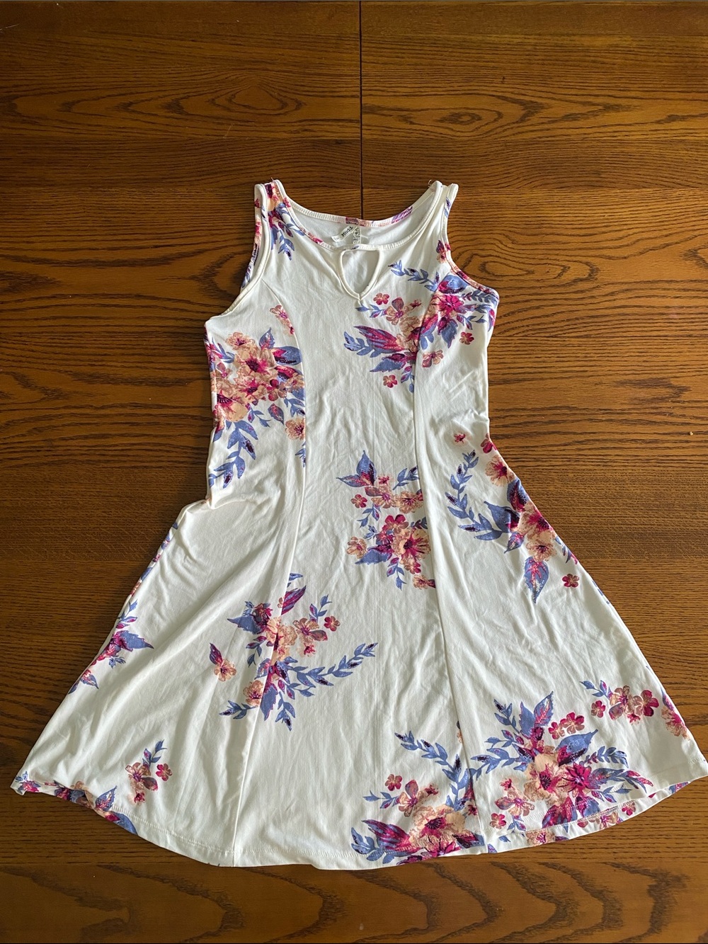 White Floral Fit-and-Flare Dress with Keyhole Neckline
